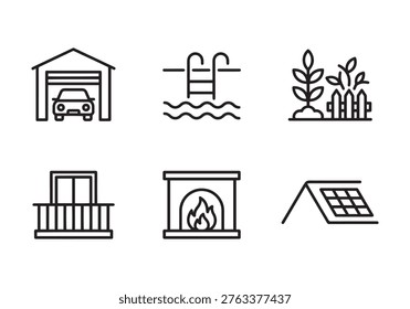 This diverse set of minimalist line art icons visually communicates essential home elements and lifestyle features, including secure vehicle storage, recreational swimming, outdoor greenery, private outdoor space, cozy indoor heating, and renewable energy generation,