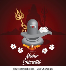 This divine illustration represents the essence of Maha Shivratri, featuring the Shiva Lingam adorned with a white lotus, marigold flowers, and a glowing diya. 