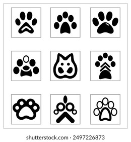 This is the dog paw silhouettes design and puppies paw vector design logo art for wild animal black symbol like that running and burking dogs, husky and wolf silhouettes, dog face and head icons etc.