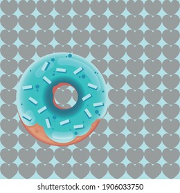 This is a donut covered with blue sweet glaze. Donut on the background of a pattern of gray hearts.