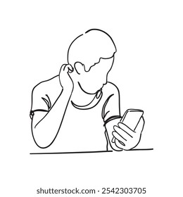 This doodle sketch shows a man with a mobile phone in a spontaneous, natural pose, captured in clean, minimalist line art and using simple, expressive lines hand drawing artwork