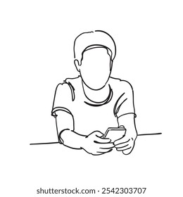 This doodle sketch shows a man with a mobile phone in a spontaneous, natural pose, captured in clean, minimalist line art and using simple, expressive lines hand drawing artwork