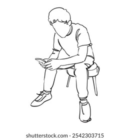 Este esboço mostra um homem com um telefone celular em uma pose espontânea e natural, capturado em linhas de arte limpas e minimalistas e usando linhas simples e expressivas de desenho à mão
