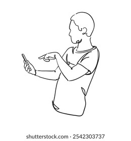 This doodle sketch shows a man with a mobile phone in a spontaneous, natural pose, captured in clean, minimalist line art and using simple, expressive lines hand drawing artwork