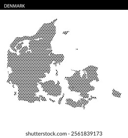 This dotted representation outlines Denmark, highlighting its unique geographical shape and coastal contours.