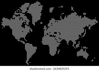 This dotted world map gives precise representation of continents. Built on a dotted world map grid, it brings technology and design together in a dotted world map. Realistic vector dotted world map