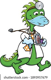 Este dragón está listo para asar el coronavirus con una vacuna.  Esta ilustración muestra a un médico del dragón de dibujos animados sosteniendo una jeringa.