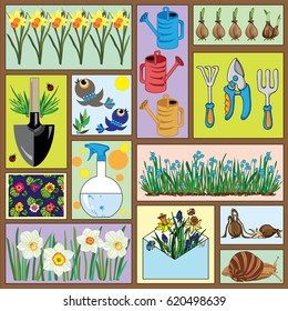This drawing is a collage of growing spring flowers