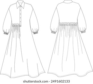 this drawing of a dress with a collar and ruffle technical drawing features detailed elements, including collar design, ruffle details, and seam lines. Ideal for fashion designers and garment makers