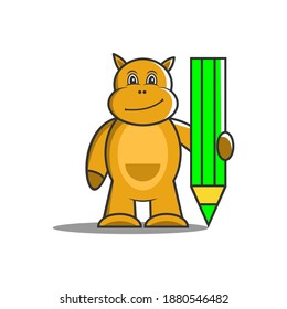 This is a drawing of a hippo studying and holding a pencil