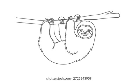 Este dibujo retrata a un lindo perezoso colgando de una rama. El sencillo contorno y el estilo minimalista lo hacen adecuado para una variedad de propósitos de diseño, desde libros para niños hasta Diseños gráficos modernos.