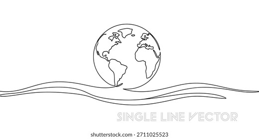 This drawing shows a simple picture of the Earth globe, created with one smooth, unbroken line. Gentle wavy lines are placed underneath, giving it a clean and modern look.
