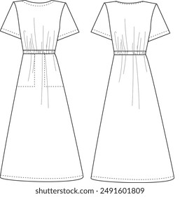 This dress with waistband technical drawing offers precise and detailed depictions of the waistband design, silhouette, and seam lines. Ideal for fashion designers and garment makers, it ensures accur