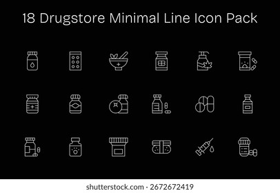 This Drugstore icon pack includes 18 Minimal Line vectors, perfect for enhancing digital interfaces.