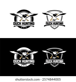 This duck hunting logo combines the silhouette of a flying duck, natural elements, and a hunting rifle within a classic frame, reflecting tradition, spirit, and camaraderie in the sport of hunting.