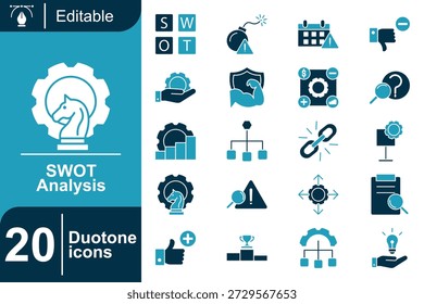 Dieses duotone SWOT-Analyse-Icon-Set visualisiert strategische Überprüfung, Risikobewusstsein, Wettbewerb, Planung und Performance-Bewertung für Business-Strategie-Präsentationen und Management-Diskussionen.