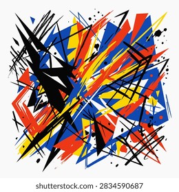 This dynamic artwork features a chaotic arrangement of sharp geometric shapes in primary colors. Bold black ink strokes and splatters intersect with vibrant red, blue and yellow triangles and polygons. The composition creates a sense of energetic movement and modern artistic expression against a clean white background