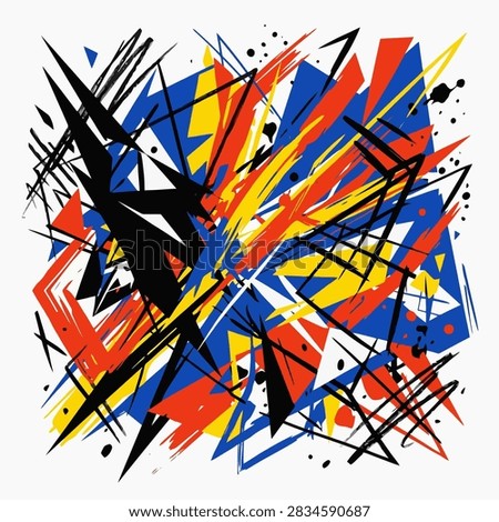 This dynamic artwork features a chaotic arrangement of sharp geometric shapes in primary colors. Bold black ink strokes and splatters intersect with vibrant red, blue and yellow triangles and polygons. The composition creates a sense of energetic movement and modern artistic expression against a clean white background