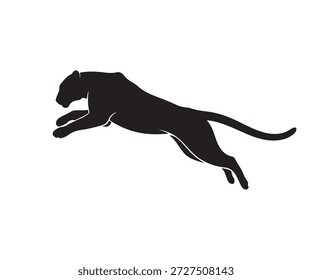 This dynamic black puma silhouette demonstrates powerful mid-air leap on white.