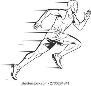 Esta é uma ilustração dinâmica em preto e branco de um homem correndo com grande velocidade e agilidade. O homem está usando um top de tanque, shorts e tênis, e é retratado no meio do passo, transmitindo uma sensação de movimento e energia.