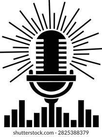 This dynamic black and white vector illustration features a classic vintage microphone at its center, surrounded by a dramatic sunburst ray pattern that symbolizes broadcast reach and energy. Sitting below the mic is a stylized graphic audio equalizer bar, perfectly representing sound waves, music production, and recording levels. This striking silhouette design is highly versatile and scalable, making it an excellent choice for podcast branding, radio station logos, music studio identity systems, custom apparel prints, and YouTube channel banners.#PodcastLogo #MicrophoneVector #SoundWaveArt #VintageMic Graphic #AudioEqualizer #BroadcastingIcon #MusicStudioDesign #RecordingGear #SilhouetteLogo #SVGCutFile