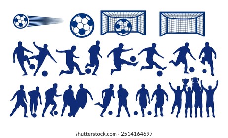 This is a dynamic football player silhouettes in various action poses with a focus on ball skills and movement for your graphic design elements. Just sports action silhouette.