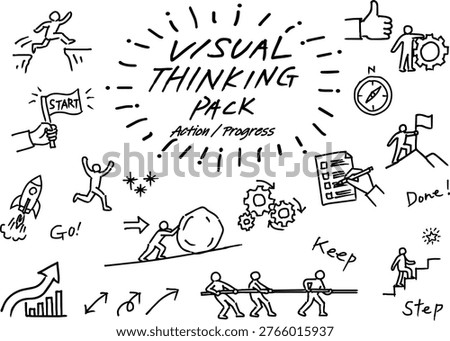 This dynamic icon set is designed to visualize action, progress, and goal achievement. It is perfect for project roadmaps, business presentations, and graphic recording to illustrate steps, momentum, and successful results intuitively.