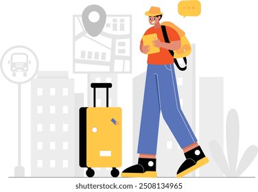 This dynamic illustration features a male traveler using a digital map on his smartphone to navigate his exciting journey.