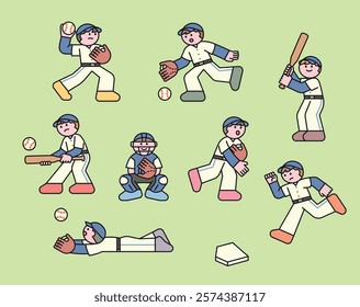 This is a dynamic illustration featuring a set of baseball players in various action poses, including pitching, catching, batting, running, and sliding. The characters are dressed in baseball uniforms