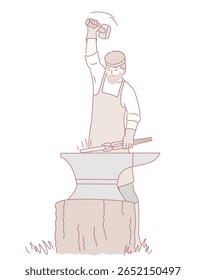 En esta ilustración dinámica, un herrero altamente calificado Formas con destello metal con un martillo en un yunque