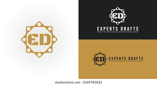 This dynamic logo design features the initials ED elegantly intertwined within a stylized gear in gold color. Perfect for automotive businesses, workshops, mechanics logo design inspiration template