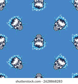 This dynamic pattern features bold skulls with blue flames against a vibrant blue background. Ideal for designs that cater to a daring and adventurous audience, this pattern is perfect for apparel