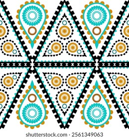 This dynamic pattern features a vibrant combination of teardrop shapes and circular floral motifs in turquoise, gold, black, and white. The design is structured within triangular sections