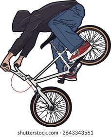 This dynamic pose represents urban street culture, freestyle sports, youth energy, and extreme biking action.Ideal for use in designs related to sports, action lifestyle, streetwear, or youth culture.