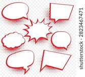 This dynamic vector collection showcases seven blank comic book speech bubbles and dialog frames rendered in a classic retro pop art style. The layout includes an assortment of expressive shapes ranging from rounded ovals and thought clouds to angular rectangular boxes and a central high-impact starburst explosion bubble. Each element is framed by a bold red outline and backed by dramatic red halftone dot gradient patterns, making this graphic set perfect for creating engaging comic panels, retro marketing ads, social media graphics, and custom sticker sets.#ComicSpeechBubbles #PopArtVector #RetroGraphicElements #BlankTextFrames #HalftoneDesign #ComicBookArt #VisualCommunication #DialogTemplates