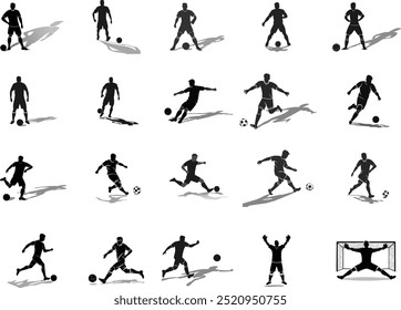 This dynamic vector icon set showcases soccer players in various kicking and action poses, depicted in black silhouettes. Perfect for sports-related projects, these high-quality icons are ideal for us