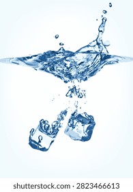 This dynamic vector illustration captures clear, transparent ice cubes dropping underwater amidst a swirling cloud of realistic air bubbles. The graphic emphasizes motion and pure refreshment, showcasing detailed water ripples, crystal-like freeze structures, and liquid splashes rendered in crisp blue tones against a white background. This energetic layout is ideal for cold beverage advertisements, mineral water branding, cooling skin care product packaging, and summer refreshment marketing campaigns.#IceCubes #WaterSplash #UnderwaterBubbles #ColdBeverage #DynamicVector #PureWater #FreshLiquid #CoolBackground