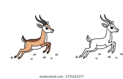 This is a dynamic vector illustration of a cute cartoon gazelle running or leaping across a grassy plain. The side-view design features clean outlines and distinct horns, isolated on a white background, making it perfect for children's education, logos, or wildlife-themed projects.