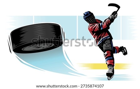 This dynamic vector illustration depicts an ice hockey player in a red and blue uniform, complete with helmet and skates, taking a powerful slapshot on the ice rink. The composition emphasizes speed, skill, and athleticism, with a large black puck in motion highlighted in the foreground to capture the intensity and fast-paced action of the sport. Designed in a bold, energetic vector style, the illustration is ideal for sports-themed projects, editorial content, social media graphics, advertisements, and team branding materials. The player’s posture and movement convey motion and precision, making it perfect for illustrating competitive hockey, training guides, or promotional campaigns for ice hockey events. Its bright, clear colors and sharp lines ensure versatility across digital and print media, including posters, infographics, websites, and sports merchandise. This artwork effectively communicates excitement, teamwork, appealing to athletes, fans, educators, and content creators focused on winter sports, athletic performance, or recreational activities. The illustration’s dynamic perspective and emphasis on the puck’s trajectory provide a sense of realism and energy, making it suitable for educational materials, fan engagement content, or instructional guides on techniques like slapshots, stick handling, and on-ice strategy. Perfect for conveying passion, dedication, and competitive spirit, this vector illustration combines technical accuracy with visual excitement to capture the essence in action. Its professional design allows integration into sports marketing, event promotions, coaching presentations, or lifestyle content, offering a versatile asset for designers and creative professionals working with athletic, winter, or team-focused themes. Overall, the illustration celebrates the speed, precision, and intensity while providing a visually engaging, versatile, and high-impact representation of a player in mid-action.