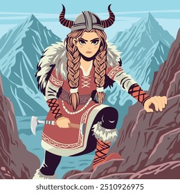 Esta dinámica Ilustración vectorial presenta a una feroz mujer vikinga, vestida con atuendos tradicionales nórdicos, escalando un camino montañoso rocoso con determinación. 