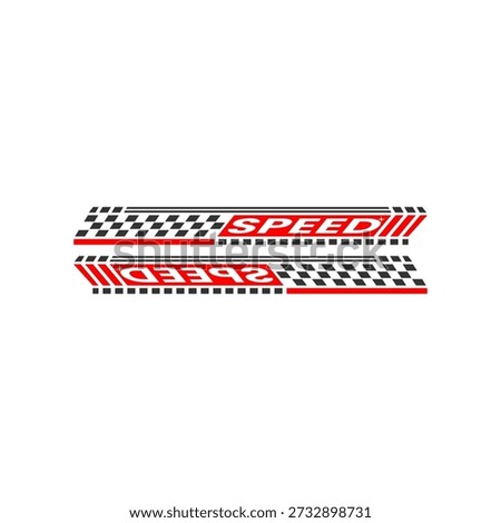 This dynamic vector illustration features the stylized word SPEED centered within aggressive racing stripes and a checkered flag motif, complete with a mirrored reflection below suggesting motion and high velocity.