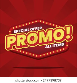 This dynamic and vibrant banner design features a bold red background with striking yellow and white text, promoting a Promo with a special promo. Perfect for advertising limited-time offers 