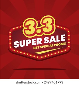 This dynamic and vibrant banner design features a bold red background with striking yellow and white text, promoting a 3.3 Super Sale with a special promo. Perfect for advertising limited-time offers 
