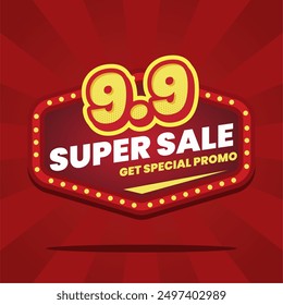 This dynamic and vibrant banner design features a bold red background with striking yellow and white text, promoting a 9.9 Super Sale with a special promo. Perfect for advertising limited-time offers 