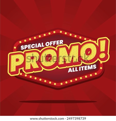 This dynamic and vibrant banner design features a bold red background with striking yellow and white text, promoting a Promo with a special promo. Perfect for advertising limited-time offers 