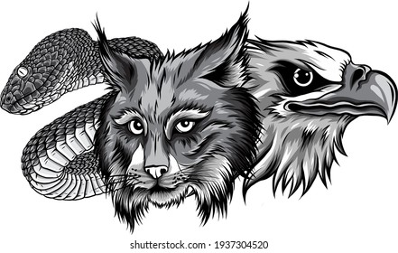 This is an Eagle lynx snake Heads Mascot monochromatic