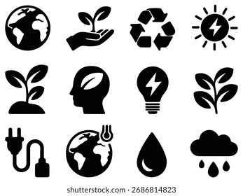 Este conjunto de iconos de energía ecológica incluye símbolos de energía verde y renovable como reciclaje, hojas e iconos solares. Ideal para proyectos ambientales, eco branding y campañas de sostenibilidad.