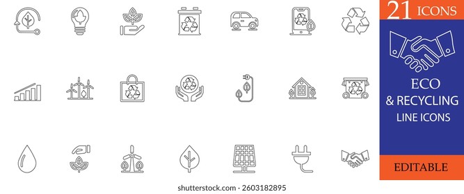 This eco and recycling icon set includes 21 clean, editable line icons for sustainability, green energy, waste management, and environmental care. Perfect for web, apps, and infographics.