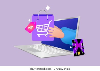 This e-commerce concept shows a successful online shopping transaction on a laptop. A hand holds a shopping bag with a discount tag after a digital payment is made with a credit card.