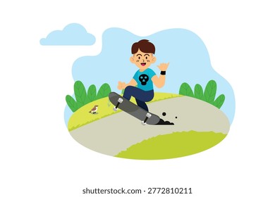 This edgy and cool flat illustration depicts a young skateboarder performing tricks on an outdoor trail. He's wearing a skull-printed t-shirt and has messy hair. The background includes green bushes, a bird, a cloudy blue sky, and rolling hills.